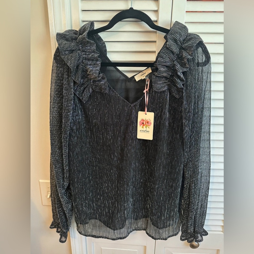 NWT Large Entro Silver Shimmer long sleeve Black Boutique Blouse Top